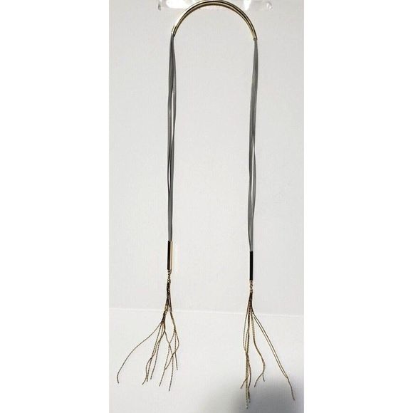 Open Collar Fringe Necklace Cord with Gold Tone Chain Tubes - Picture 5 of 11